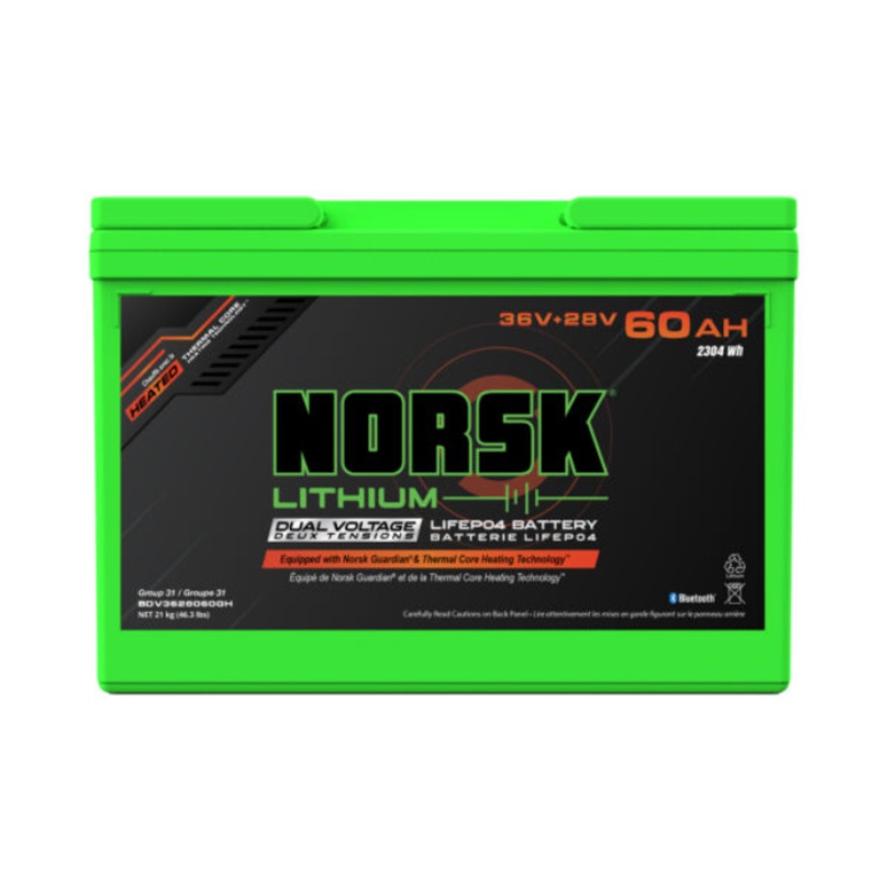 36V + 28V 60AH DUAL VOLTAGE HEATED LiFePO4 Lithium Battery  Norsk Lithium