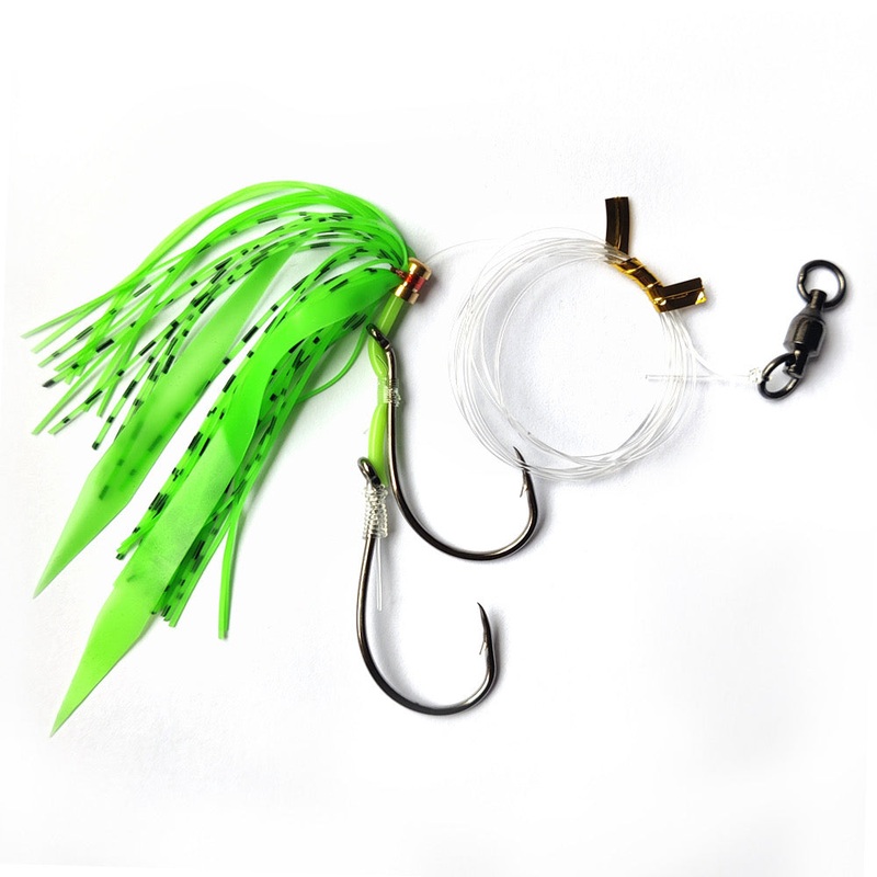 3x Skirt Sliding Fishing Snapper & Gummy Shark Rigs On 3 Different  Green Pink Orange Tackle Hook Beak 2×5/0 Green