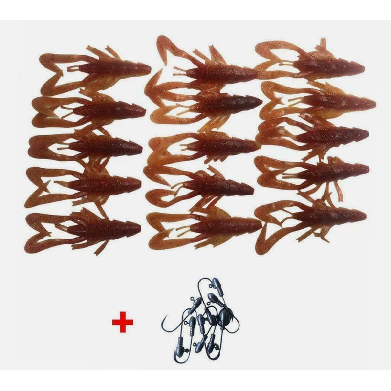 15pcs 8cm Fishing Soft Plastic Yabbie Lure Tackle Special W 10Jig heads Brown