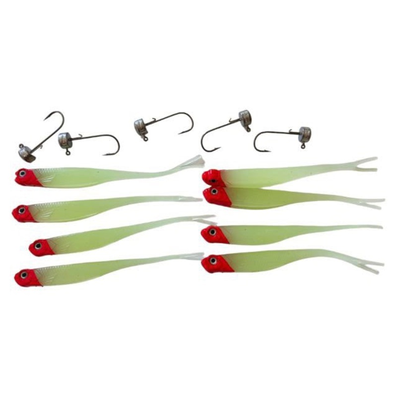 8pcs MasterPro Larger 13cm, 8.5g Redhead Lumo Fork Tail minnow lure +5pcs jigheads