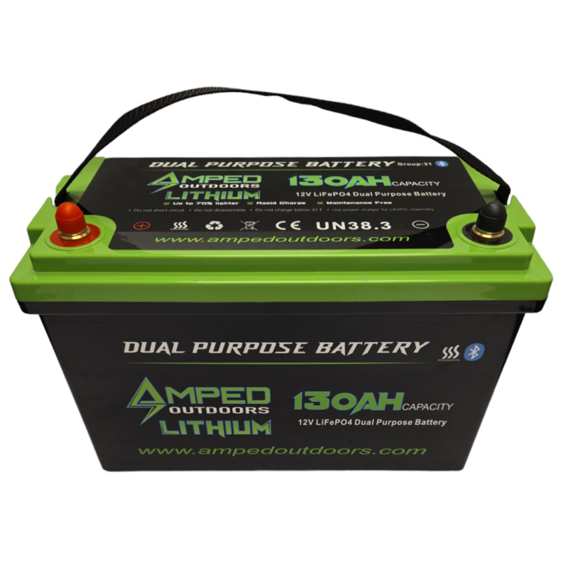 Amped 130Ah Dual Purpose Lithium Battery (Cranking) 12.8V – Bluetooth – IP67 Waterproof – Heated