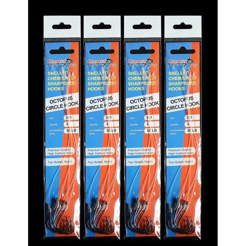4 Packs Of 6, Masterpro Pre Tied / Snelled Octopus Circle Hooks Size 5/0-6/0 Fishing Tackle 5/0 Snelled Australian Salmon,Snapper,Cod,Sharks…….