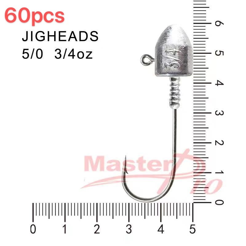 60pcs Size Chemically Sharpened 5/0, 3/4 OZ Jig Heads Fishing Tackle