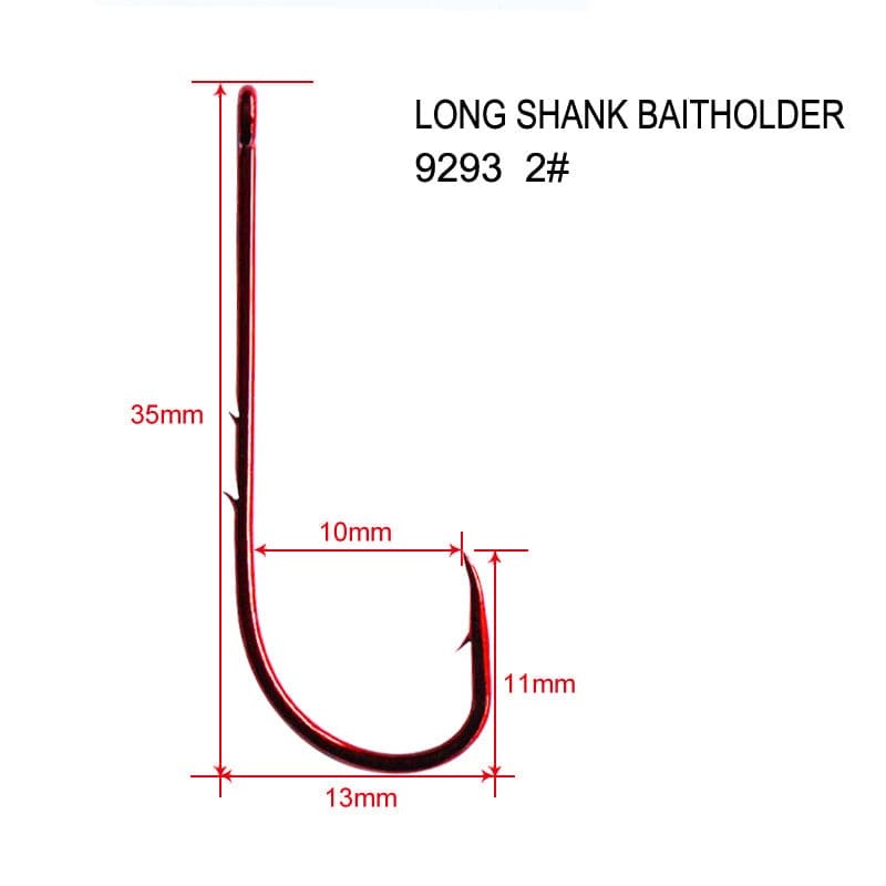 100X Long Shank Baitholder Hooks RED Size 2# Fishing Tackle