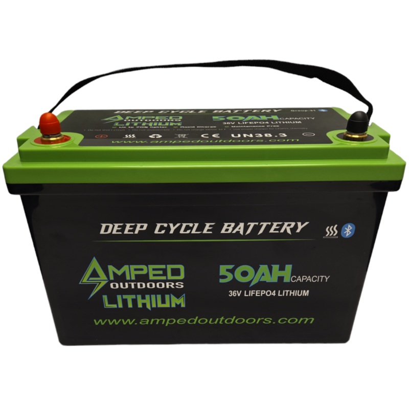 Amped 36V 100Ah Trolling Motor Lithium Battery System (2 36V 50Ah LiFePO4 Batteries in Parallel) – Bluetooth – IP67 Waterproof – Heated – 36V Charger
